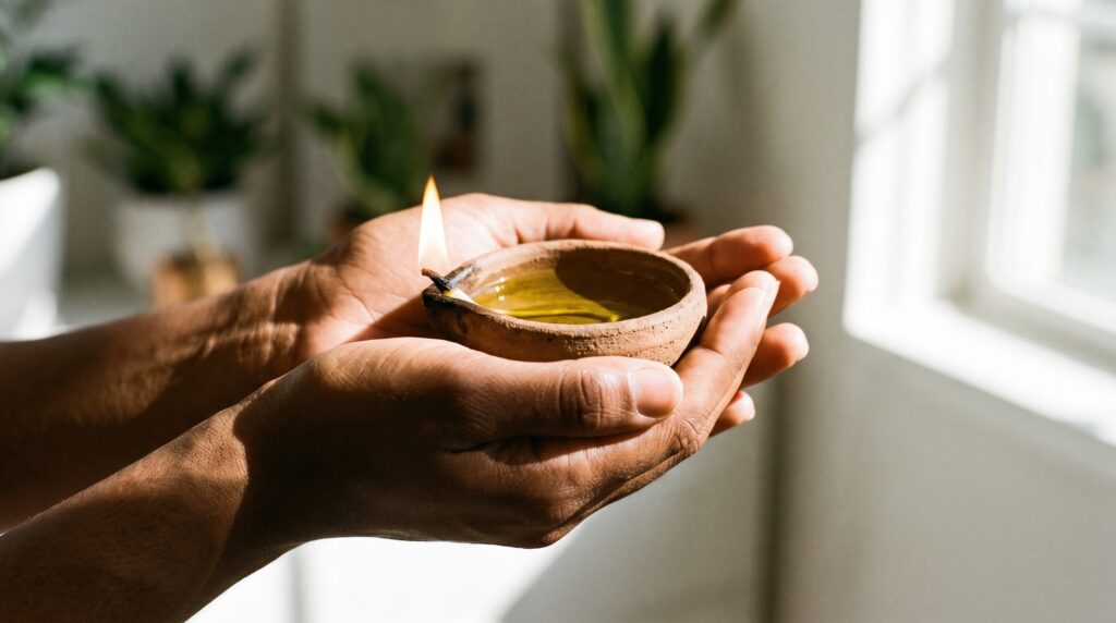 Hands holding a lit clay oil lamp filled with golden oil