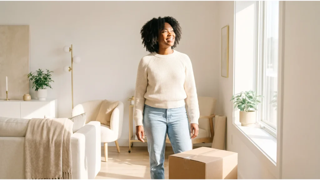 A smiling woman in a cream sweater stands in a bright room beside a box she has set down, free and at peace
