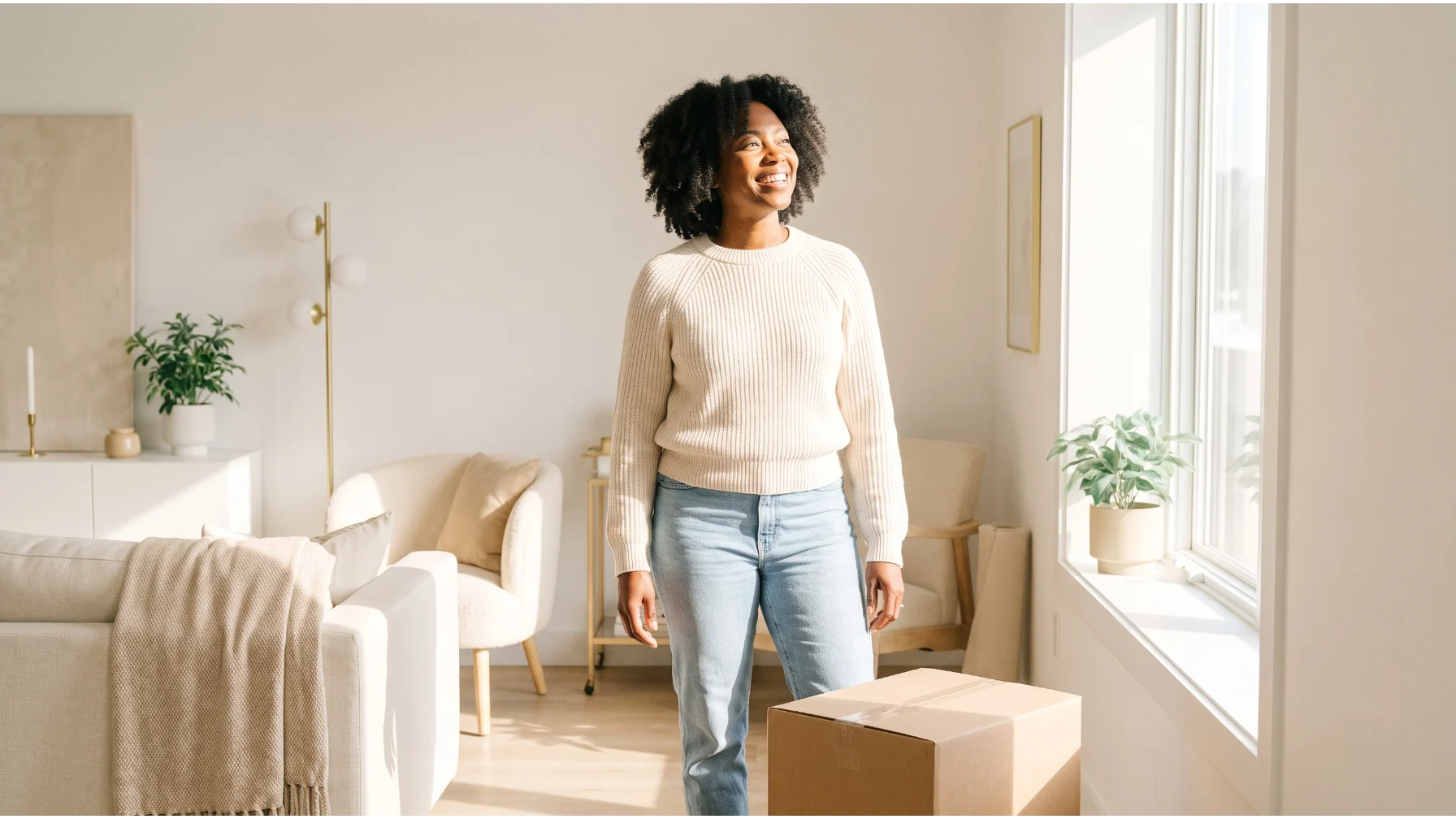 A smiling woman in a cream sweater stands in a bright room beside a box she has set down, free and at peace