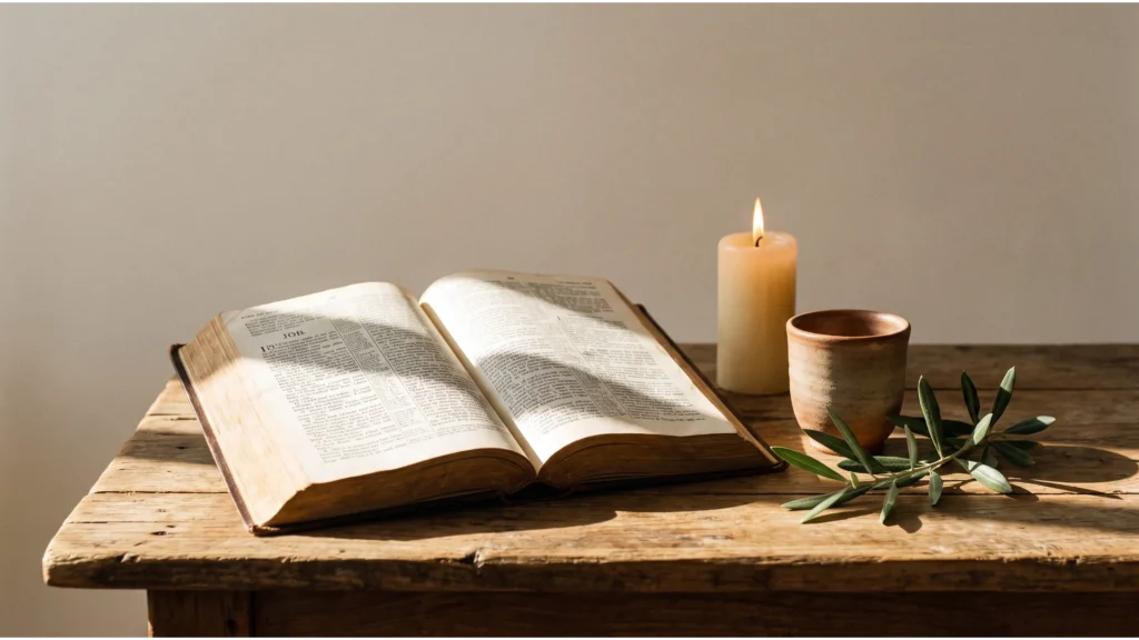 An open Bible on a wooden table beside a candle, a clay cup and an olive branch in soft morning light