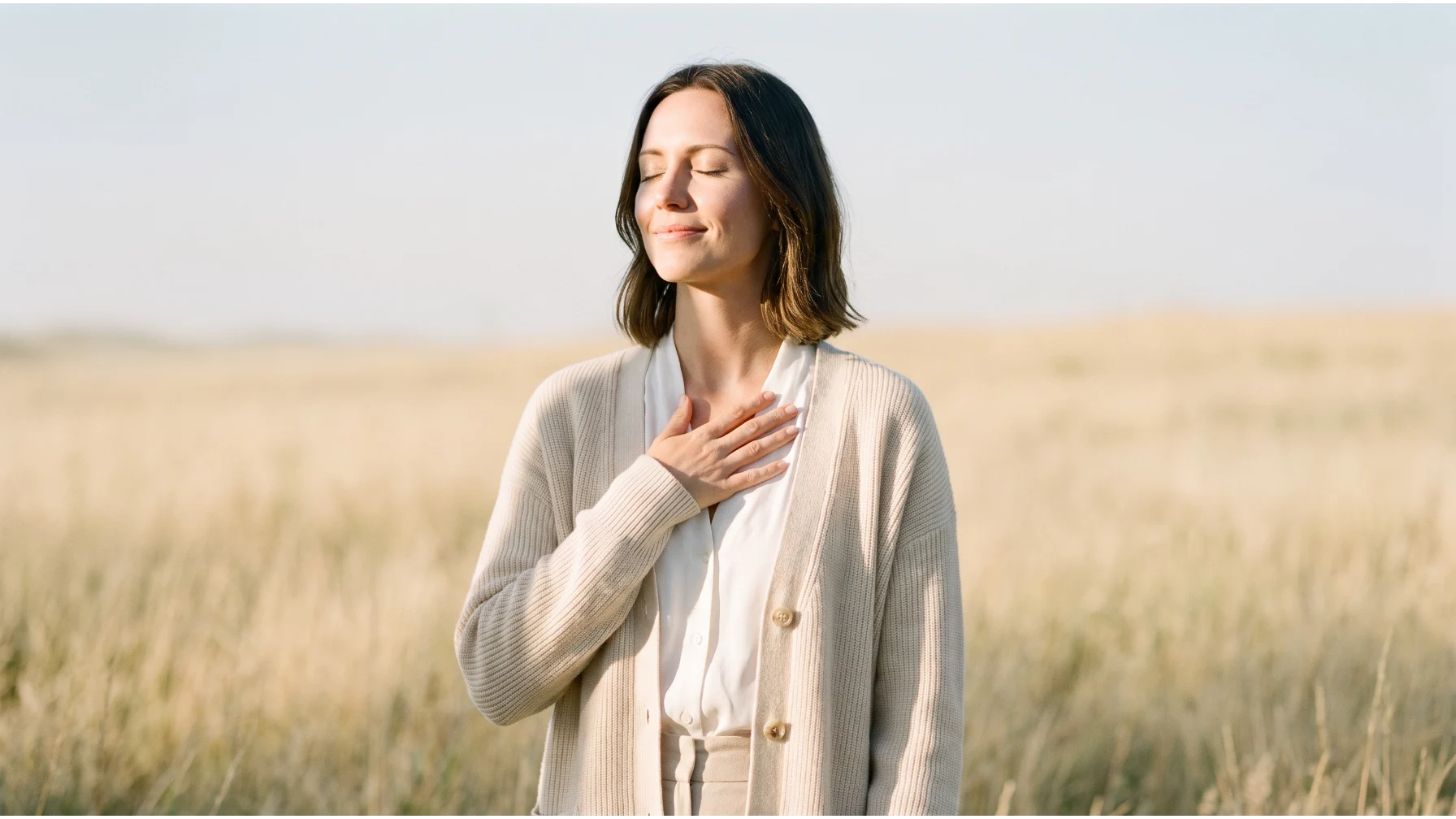 A woman in a cream cardigan stands in a sunlit meadow with her hand on her heart and her eyes closed