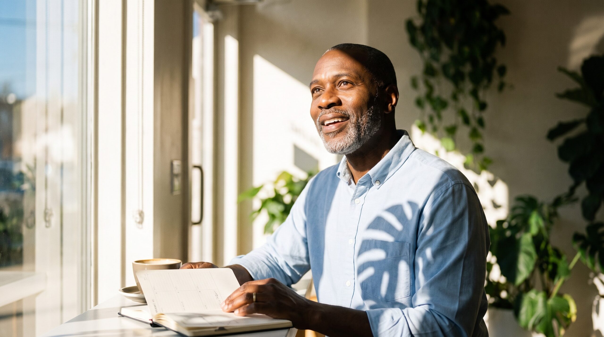 Man with a planner smiling hopefully by a sunlit window